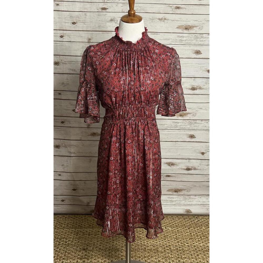 Anthropologie Ranna Gill red ditsy floral Franny smocked mini dress Size Small